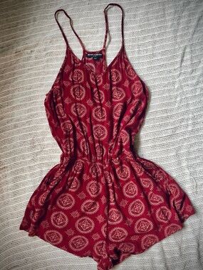 Maroon Printed Romper with Spaghetti Straps